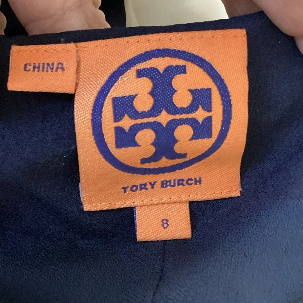 Tory Burch Waltraud 100% Silk Navy Tiered Bow Shell Top Size 8